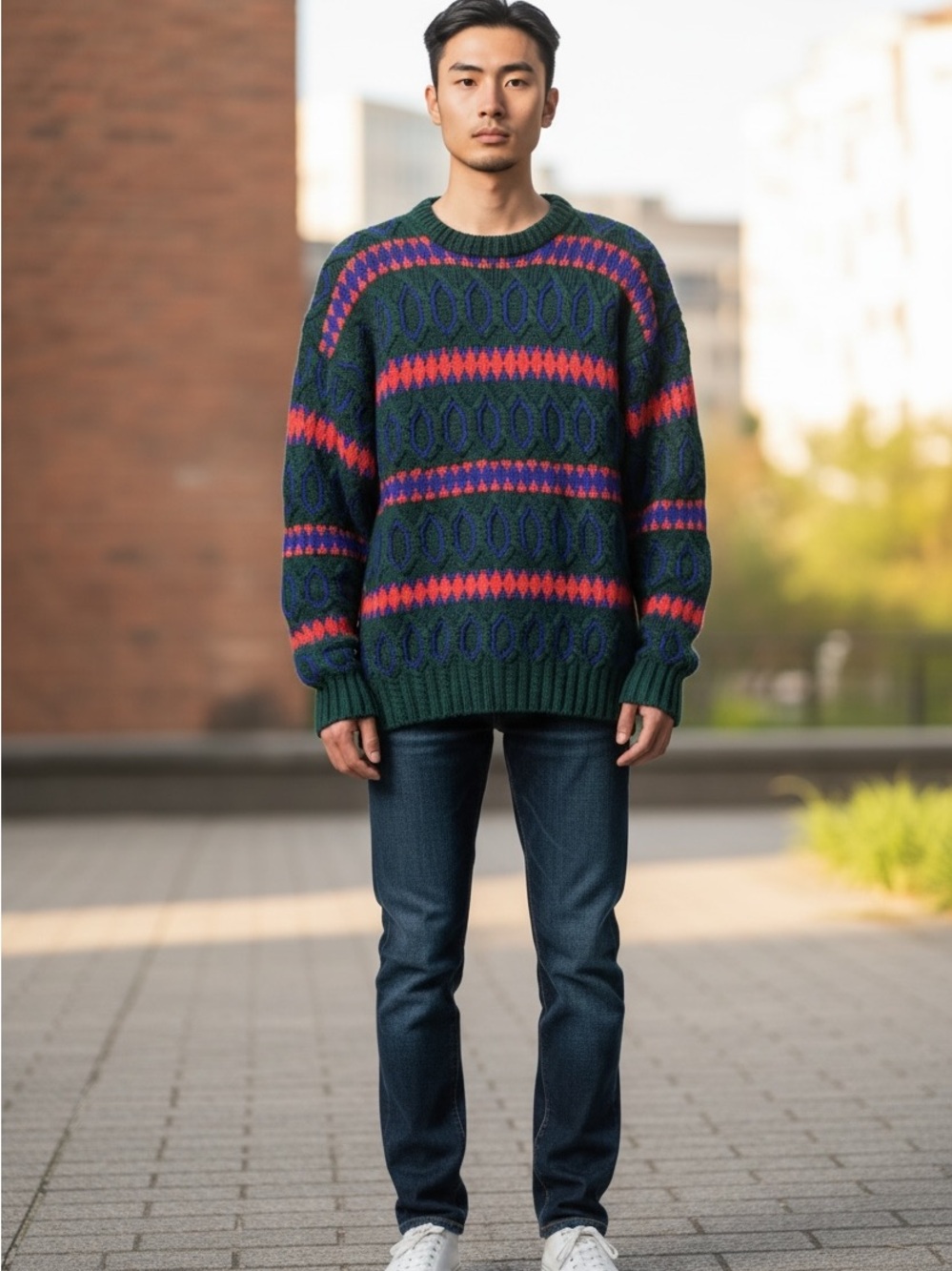 Men's Dark Green Crewneck Sweater with Pink & Blue Fair Isle Stripes